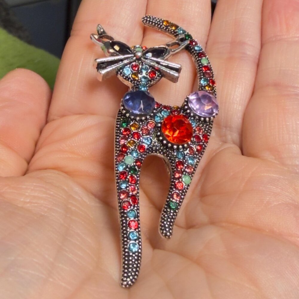 Cat Brooch Multicolor Rhinestone Statement Pin 2.5” - Picture 4 of 5
